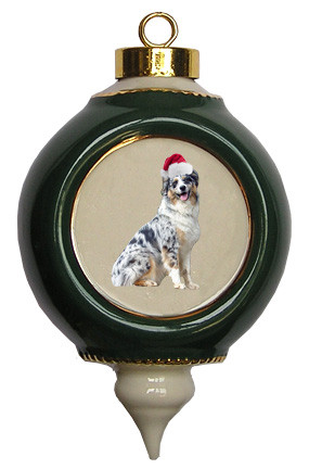 Australian Shepherd Victorian Green & Gold Christmas Ornament