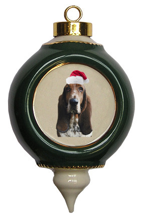 Basset Hound Victorian Green & Gold Christmas Ornament