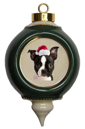 Boston Terrier Victorian Green & Gold Christmas Ornament