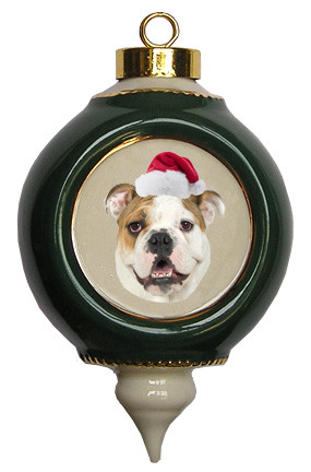Bulldog Victorian Green & Gold Christmas Ornament
