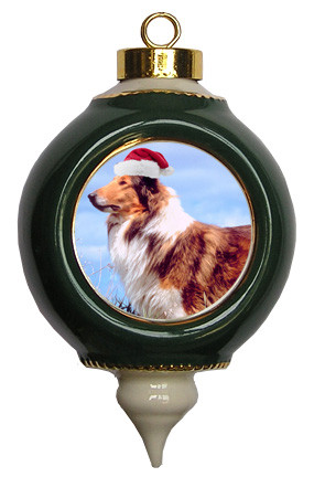 Collie Victorian Green & Gold Christmas Ornament