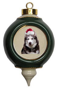 Siberian Husky Victorian Green & Gold Christmas Ornament