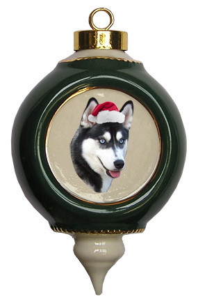 Siberian Husky Victorian Green & Gold Christmas Ornament