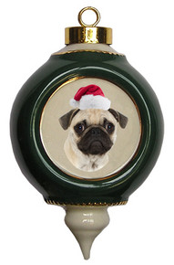 Pug Victorian Green & Gold Christmas Ornament