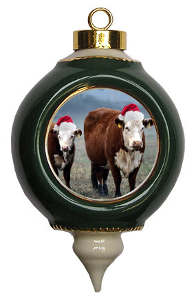 Cow Victorian Green and Gold Christmas Ornament