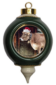 Cow Victorian Green and Gold Christmas Ornament