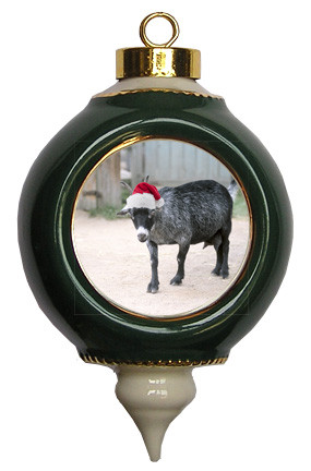 Goat Victorian Green and Gold Christmas Ornament