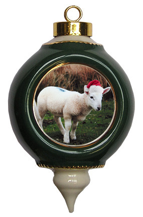 Lamb Victorian Green and Gold Christmas Ornament