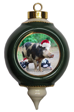Pig Victorian Green and Gold Christmas Ornament