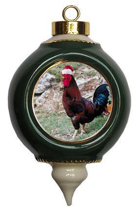 Rooster Victorian Green and Gold Christmas Ornament