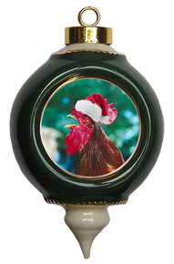 Rooster Victorian Green and Gold Christmas Ornament