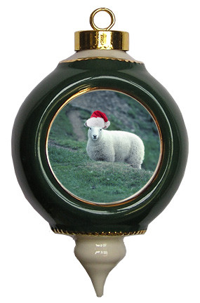 Sheep Victorian Green and Gold Christmas Ornament