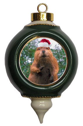 Beaver Victorian Green and Gold Christmas Ornament
