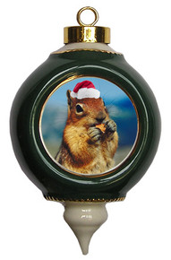 Chipmunk Victorian Green and Gold Christmas Ornament