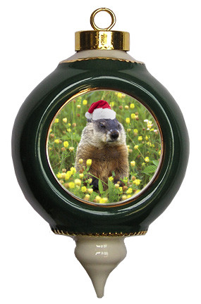 Groundhog Victorian Green and Gold Christmas Ornament