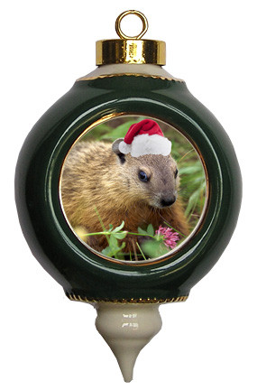 Groundhog Victorian Green and Gold Christmas Ornament
