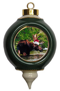 Moose Victorian Green and Gold Christmas Ornament
