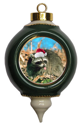 Raccoon Victorian Green and Gold Christmas Ornament