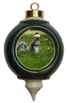 Squirrel Victorian Green and Gold Christmas Ornament