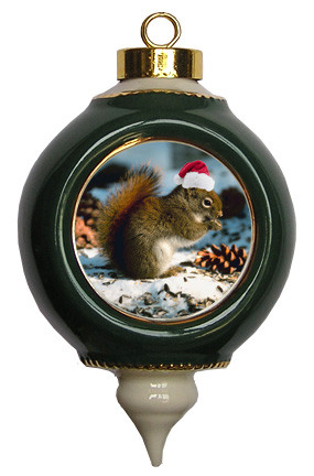Squirrel Victorian Green and Gold Christmas Ornament