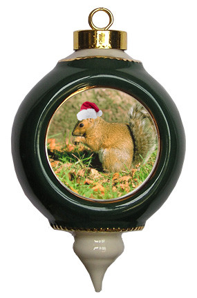 Squirrel Victorian Green and Gold Christmas Ornament