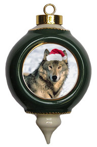 Wolf Victorian Green and Gold Christmas Ornament