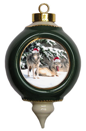 Wolf Victorian Green and Gold Christmas Ornament