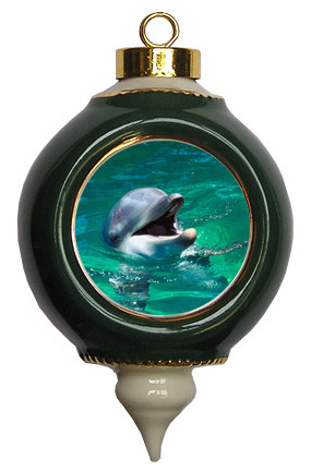 Dolphin Victorian Green and Gold Christmas Ornament