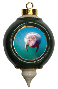 Manatee Victorian Green and Gold Christmas Ornament