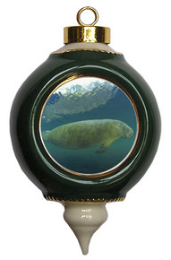 Manatee Victorian Green and Gold Christmas Ornament