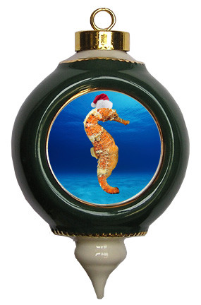 Seahorse Victorian Green and Gold Christmas Ornament