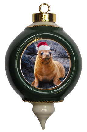 Sea Lion Victorian Green and Gold Christmas Ornament