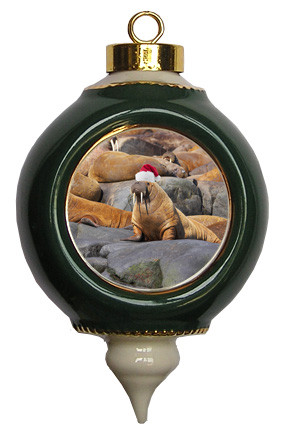 Walrus Victorian Green and Gold Christmas Ornament