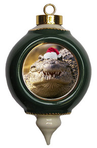 Alligator Victorian Green and Gold Christmas Ornament