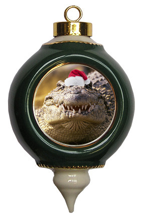 Alligator Victorian Green and Gold Christmas Ornament