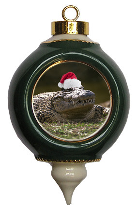 Alligator Victorian Green and Gold Christmas Ornament