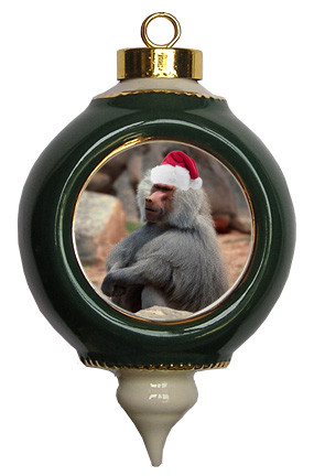 Baboon Victorian Green and Gold Christmas Ornament