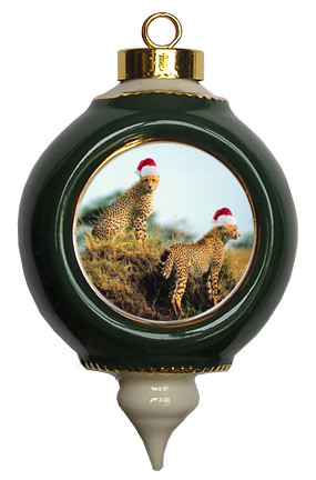 Cheetah Victorian Green and Gold Christmas Ornament