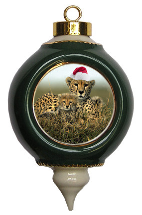 Cheetah Victorian Green and Gold Christmas Ornament