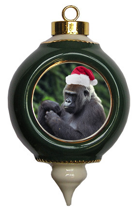 Gorilla Victorian Green and Gold Christmas Ornament