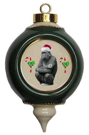 Gorilla Victorian Green and Gold Christmas Ornament