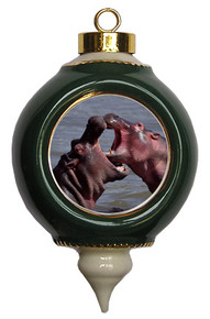 Hippo Victorian Green and Gold Christmas Ornament