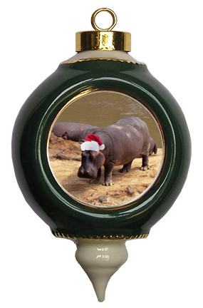 Hippo Victorian Green and Gold Christmas Ornament