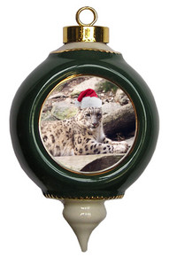 Snow Leopard Victorian Green and Gold Christmas Ornament