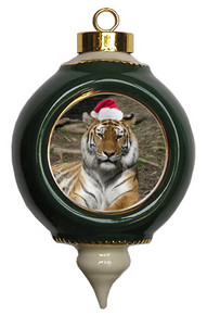 Tiger Victorian Green and Gold Christmas Ornament