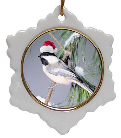 Chickadee Jolly Santa Snowflake Christmas Ornament