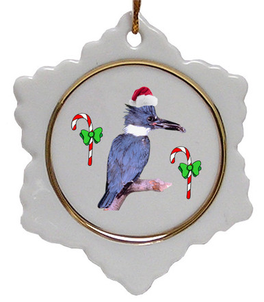 Belted Kingfisher Jolly Santa Snowflake Christmas Ornament