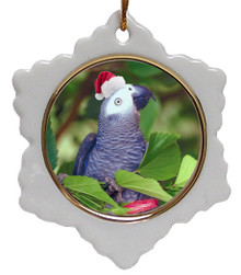 African Grey Parrot Jolly Santa Snowflake Christmas Ornament