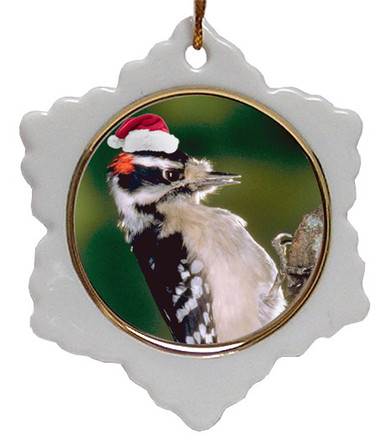 Downey Woodpecker Jolly Santa Snowflake Christmas Ornament