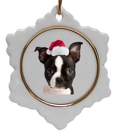Boston Terrier Ceramic Jolly Santa Snowflake Christmas Ornament